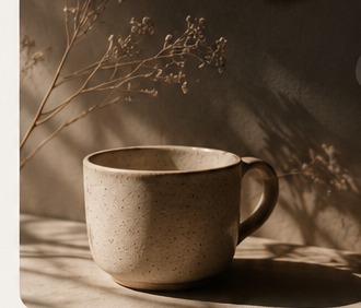 Taza de cerámica con luz cálida de tarde y ramas secas sobre una mesa